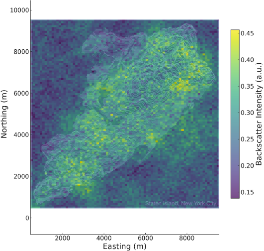 Simulated LiDAR representations of PM2.5 concentrations over a geographic area. 